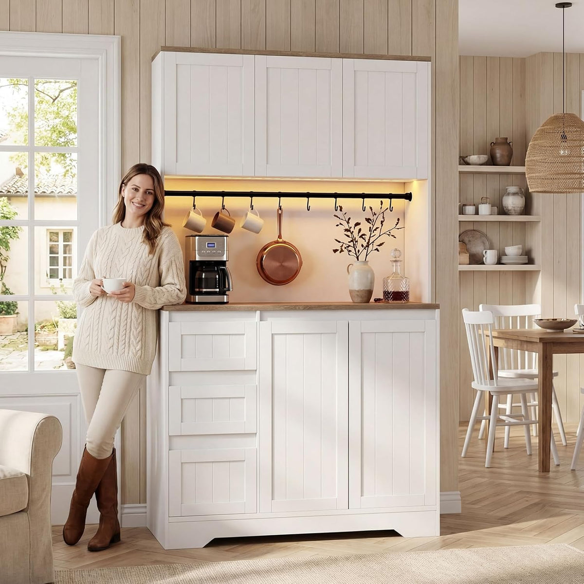 70.8" Tall Kitchen Pantry Cabinet with Adjustable Shelves, Farmhouse Kitchen Hutch with 5 Doors and 3 Drawers, LED Pantry Storage Cabinet with Charging Station for Dining Room, White