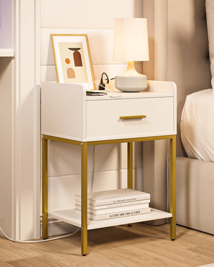 Aienvey Nightstand with Charging Station,Bedside Table with Drawer and 2 Shelf Storage, Small Side Table, Modern White Night Stand, Tall End Table for Bedroom, Living Room