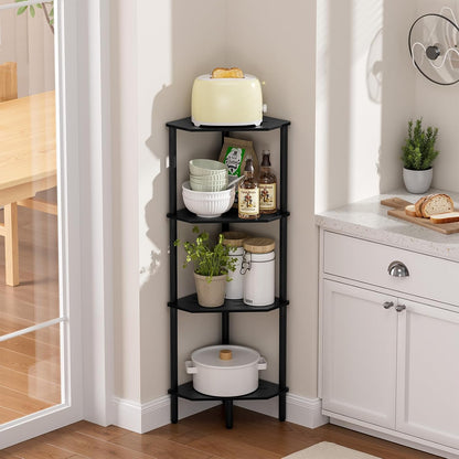 Corner Shelf Stand, 4 Tier Corner Bookshelf, Bamboo Storage Standing Shelf Unit, Tall Storage Plant Stand,Bookcase for Living Room, Home Office, Bedroom, Kitchen, Black