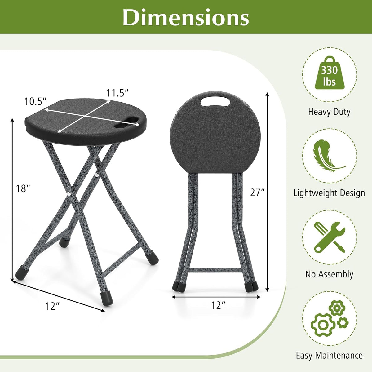 GYMAX Folding Stool, 18in Portable Collapsible Bar Stool with Handle & Steel Frame, 330lbs Sturdy Foldable Lightweight Metal Chair for Outdoor/Indoor Kitchen Home Bar, Assembly Free (Set of 1, 18inch)