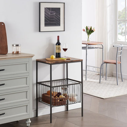 VECELO Tall End Table with Metal Basket,Nightstand with Shelf Storage Organizer, Wood Night Stand with Metal Frame, Waterproof for Bedroom, Living Room, Bathroom