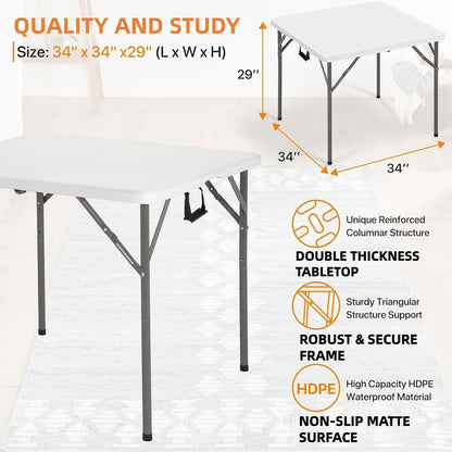 34" Square Folding Table Fold-in-Half Utility Dining Portable Table Heavy Duty HDPE with Carrying Handle, Plastic Tables for Camping,Picnic, Office, Party,Card Table (White)