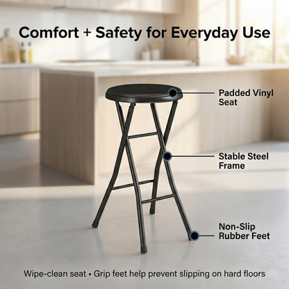 Portable Folding Metal Stool with Non-Slip Rubber Feet, Lightweight Compact Stool for Kitchen, Bar, Classroom, and Camping, Space-Saving Foldable Design with Padded Seat, Supports 200 lbs, Black