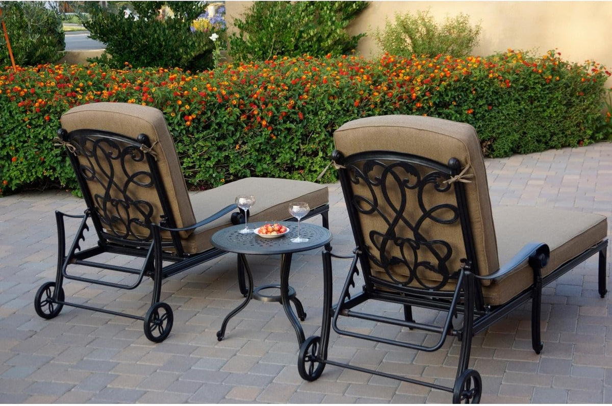 Darlee Santa Monica 3 Pc Cast Aluminum Chaise Lounge Set w/ 24 Inch Table & in Antique Bronze/Sesame