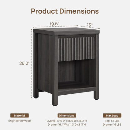 SICOTAS Fluted Night Stand Set of 2, Modern Nightstands with Drawer | Farmhouse Bedside Table with Storage Shelf, Large End Tables Bed Side Tables for Bedroom, Black Oak