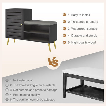 VECELO Shoe Storage Bench with Door&Shelf, Entryway Bench with Seat Cushion, for Hallway, Bedroom, Living Room, L-Shaped, Black