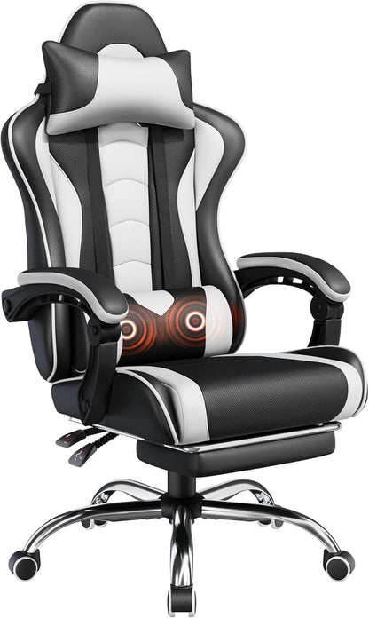 Yaheetech Gaming Chair with Footrest Massage Lumbar Pillow Black and White | Foam-padded PU leather racing seat and plush headrest recline with a slide-out footrest; metal frame supports up to 300 lb.