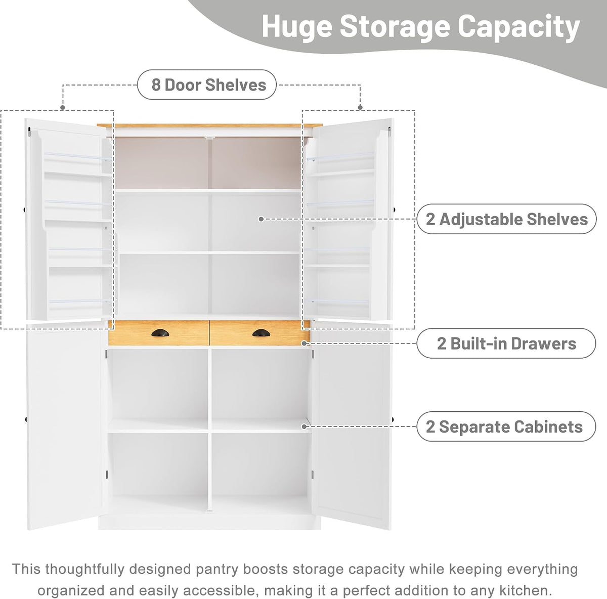 Merax 71" H Kitchen Pantry Large Cupboard Storage Cabinet with 4 Doors, Organizer, Drawer and Adjustable Shelves,Wood Cupboard for Kitchen, Dining Room, Bathroom, White
