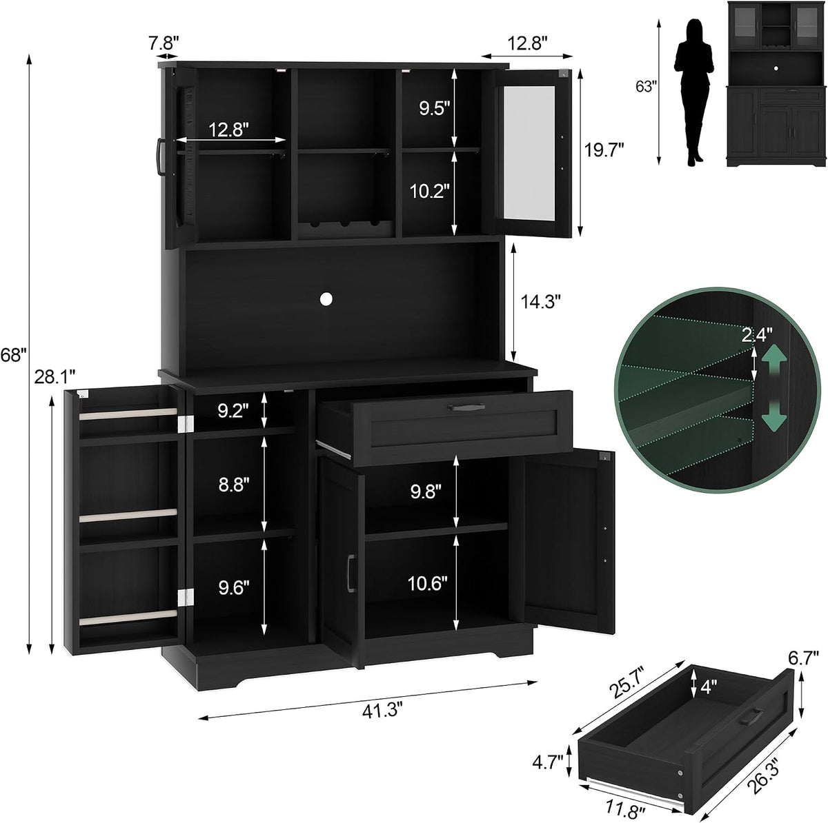 Shintenchi 68" Kitchen Pantry Storage Cabinet, with Microwave Stand, Black | Freestanding Buffet Cabinet, with 3 Door Shelves, Kitchen Hutch with Doors, Adjustable Shelves and Wine Rack
