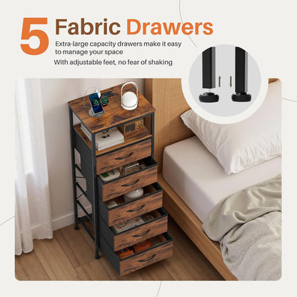 Sweetcrispy Nightstand with Charging Station 5 Fabric Drawers Bedside Table | Night Stand with USB Type-C Ports, AC Outlets & Dimmable LED Light Strip, Modern Rustic Brown Bedroom End Table