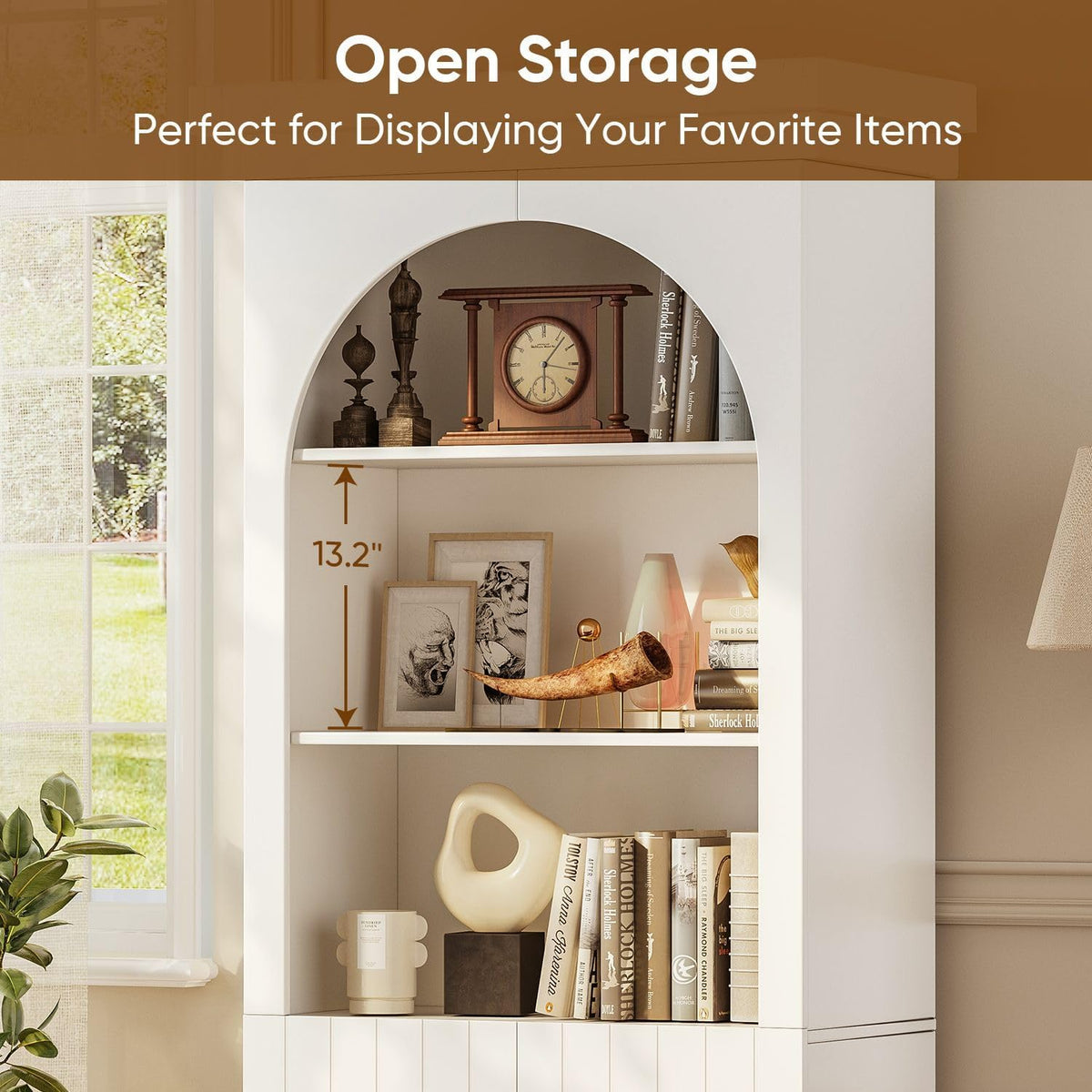 ivaniti 71" Arched Kitchen Pantry Cabinet, Tall Display Modern Storage Combination for Living Room and Dining Room with Dual Glass Door and Open Shelf Cabinets, White with Gold Handles, 3 of Set