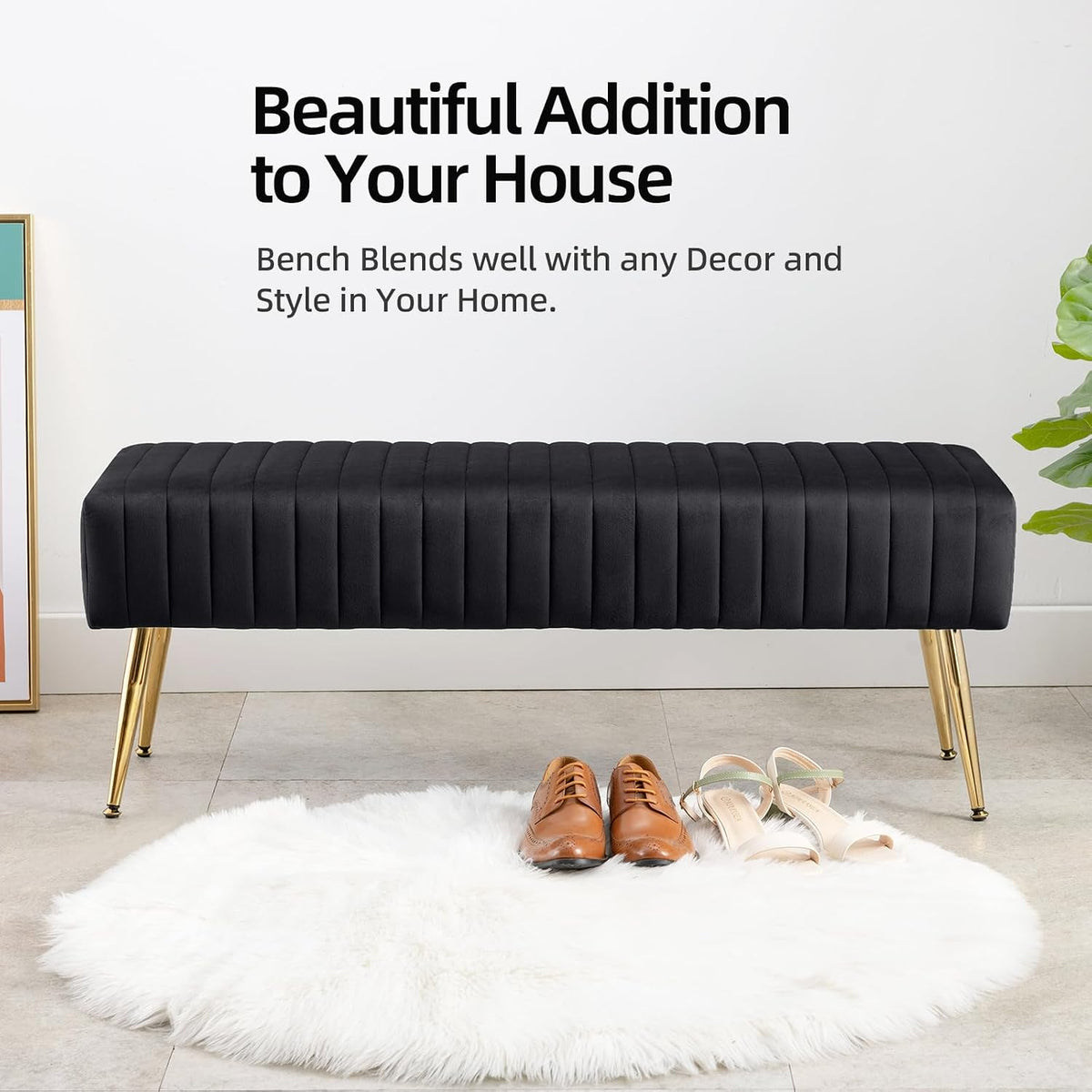 Furniliving 44 Inch Bedroom Bench, Upholstered Tufted Striped Fabric Ottoman Benches with X-Shaped Metal Legs for Living Room, Entryway Solid Wood Indoor Bench for Foyer (Black)