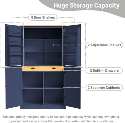 71.3" Freestanding Kitchen Pantry Cabinet with 2 Drawers, 8 Door Shelves & Adjustable Shelves, Large Farmhouse Storage for Kitchen Dining Room, Blue