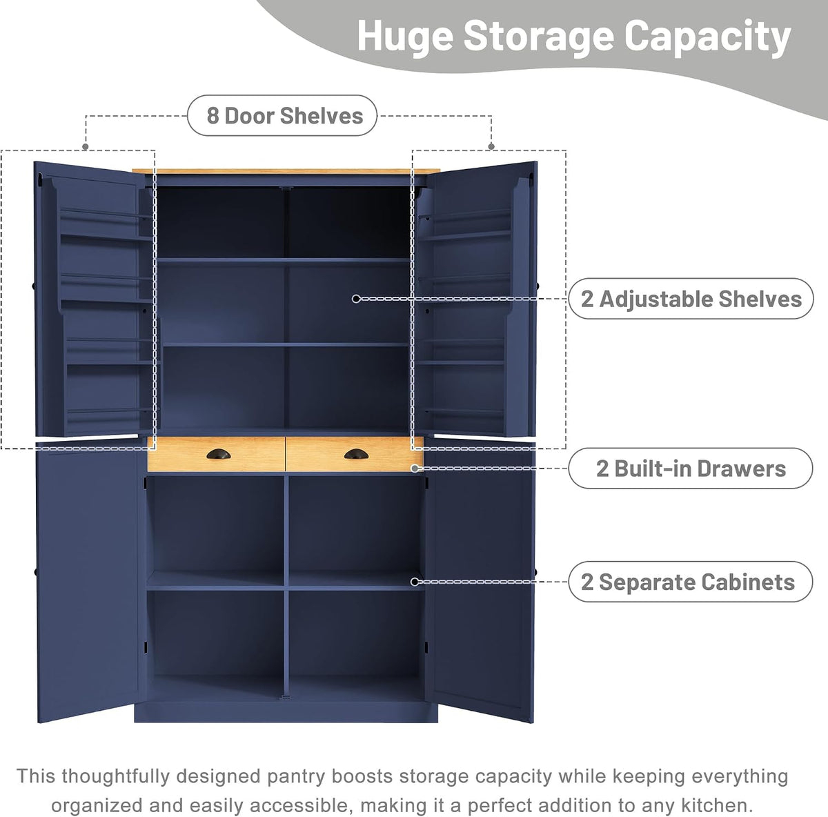 LUMISOL 71" Tall Kitchen Pantry Storage Cabinet with Doors and Shelves, Wood Farmhouse Freestanding Storage Cabinets with Drawers and Adjustable Shelves for Kitchen Storage, Blue