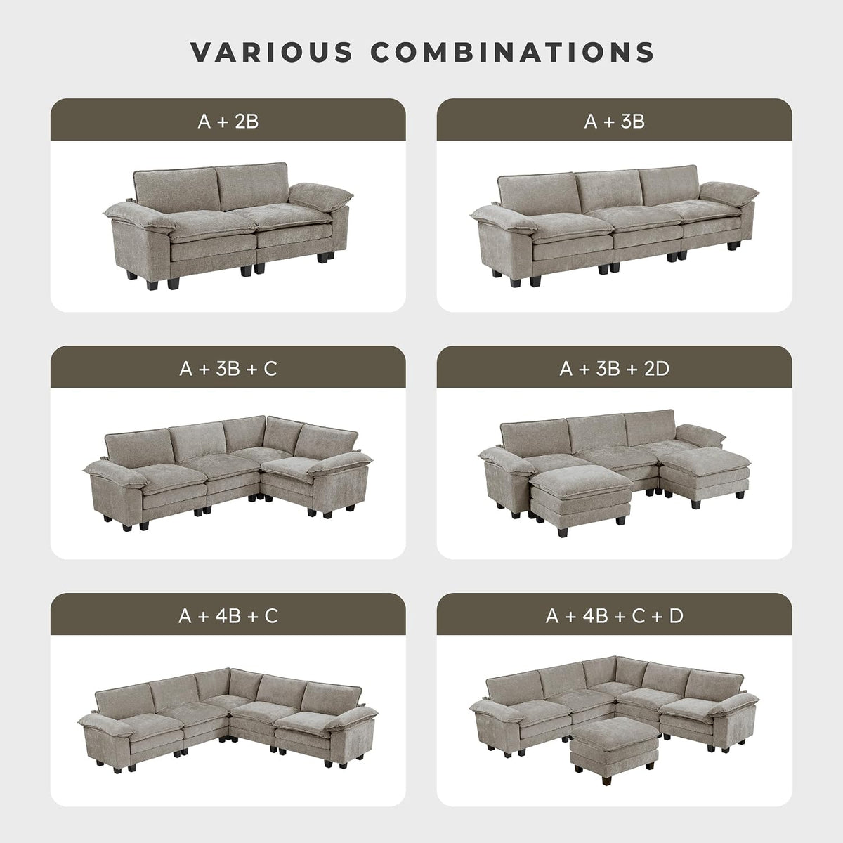 Lexicon Chenille Upholstered Rectangle Ottoman, Foot Stool, Black Faux Wood Feet, Durable Frame, Large Padded, Modular Sectional Couch Add Ons for Living Room, Bedroom, Assembly Required, Dark Pewter