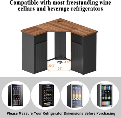 GDLF Corner Coffee Bar with Fridge Space, L Shaped Liquor Cabinet,Black | L-Shaped Countertop, Wine Glass Rack, Adjustable Shelves, Drawer Storage, Power Outlet, Coffee Station for Home & Kitchen