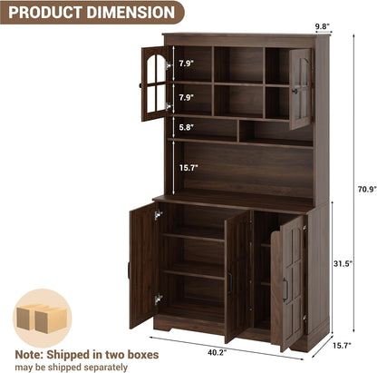 70.9" Tall Kitchen Pantry Cabinet with Glass Doors and Hutch, Freestanding Storage Cupboard with 5 Cabinets, Open Shelves & Inner Door Spice Racks, Multi-Purpose Organizer for Dining Room, Kitchen