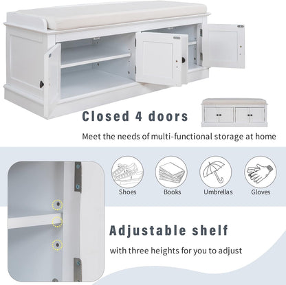 SOFTSEA 42.7" Shoe Bench with Padded Seat Cushion, 2-Tier Entryway Bench with 4 White Doors and Adjustable Shelves, Shoe Cabinet for Entryway, Bedroom, Living Room, White