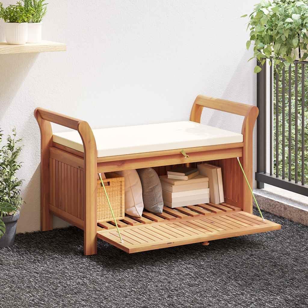 Solid Acacia Wood Garden Storage Bench with Cream White Cushion, 49.6 Inch Outdoor Bench with Storage for 2 People, Patio Seat with Lid and Polyester Cushion