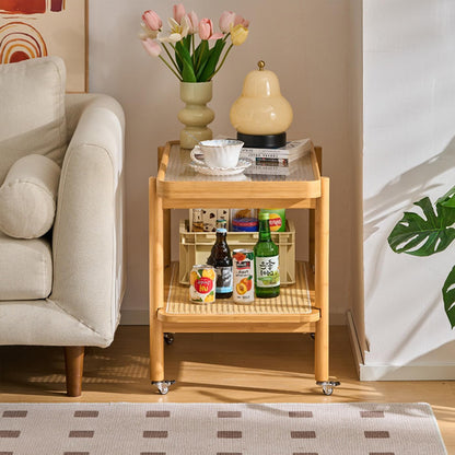 Bamboo Rattan End Table with Wheels, 2 Tier Modern Coffee Table Couch Side Table Utility Rolling Cart Glass Tabletop Snack Table for Balcony Living Room Bedroom