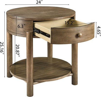 Solid Wood 24" Round End Table with Drawer, 2-Tier Small Sofa Side Table with Open Storage Oak Wood Accent Corner Table Modern Nightstand with Shelf for Living Room Bedroom Office, Brown, 24x25.16in