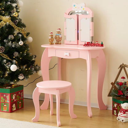 Vanity Set,ShyneeMakeup Dressing Vanity Set Wooden Princess Makeup Table with Cushioned Stool,Drawer,Wooden Legs and Mirror, Make Up Dressing Play Set for Girls (Pink Bow)