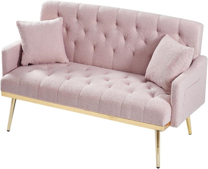 hansones Modern Velvet Armchair with Gold Metal Legs and Side Pockets, Tufted Backrest, Perfect for Living Room, Bedroom Or Office (32.6" Pink)