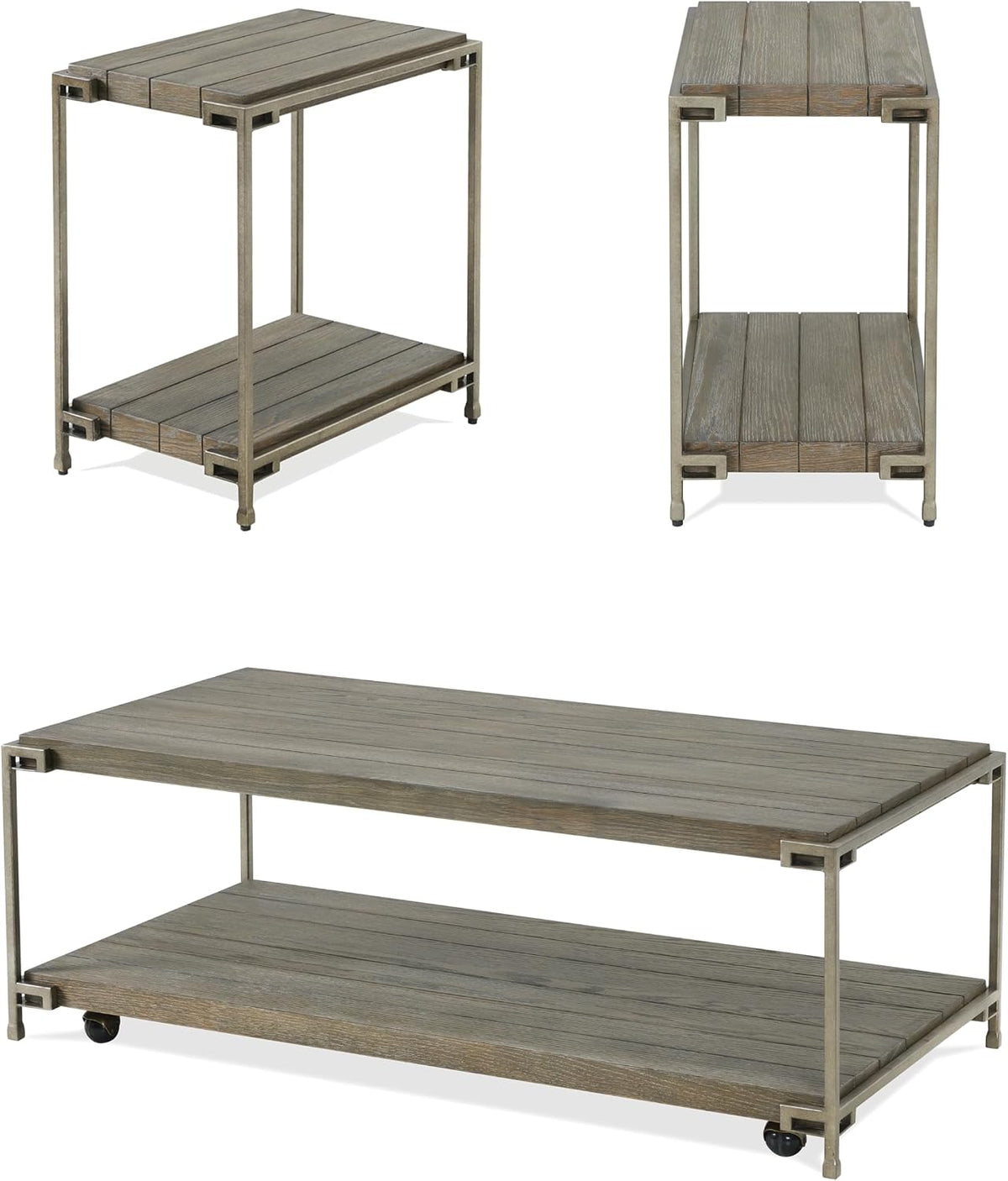 Polay Coffee Table Set with 2 Chairside Tables Metal Frame Wood | Modern coffee table set with aged graphite finish, hardwood and oak veneer construction, removable casters for mobility,