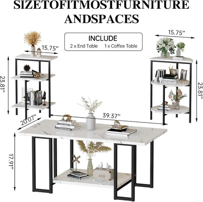 Lamerge Coffee Table Set of 3,Rectangle Coffee Table&2 Accent Table,Faux Marble Tabletop,3 Piece Living Room Table Sets with Multi Tier Storage, for Small Space, Apartment,White & Black