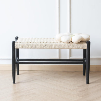 Solid Wood Entryway Bench with Shoe Storage, Rustic Oak Wood and Woven Design 31.5 Inch Long Seating for Living and Dining Rooms,Black