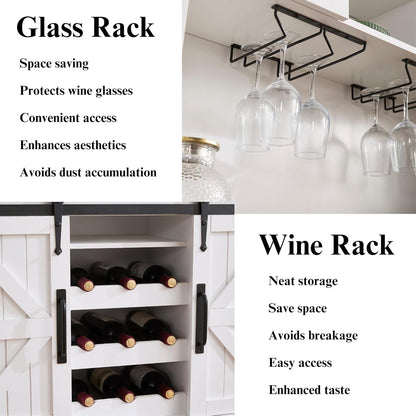 Coffee Bar Cabinet with Sliding Barn Doors 71'' Farmhouse Pantry Cabinet with Drawers & Wine Glass Rack Rustic Buffet Cabinet for Kitchen, White and Brown