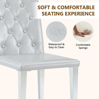 Modern Dining Chairs Set of 6, Button Tufted Upholstered Parsons Chairs with Silver Metal Legs, Grey PU Leather Kitchen Chair for Dining Room, Kitchen, Restaurant