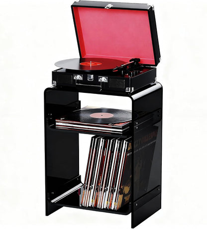 Acrylic Record Player Table with Storage Shelf, Clear Side Table Nightstand (Black, Medium)