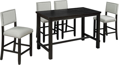 Merax 5 Pieces Counter Height Dining Set, Elegant Wooden Desk and 4 Upholstered Chairs, Perfect for Kitchen, Breakfast Nook, Bar, Living Room