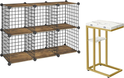 HOOBRO Foldable End Table, Gold C Shaped Side Table with Shelf, Small Snack Table, Cube Storage Organizer, 6-Cube Metal Grid Storage Shelf, Modular Cabinet, DIY Bookshelf DM29SF01-BF06CW01