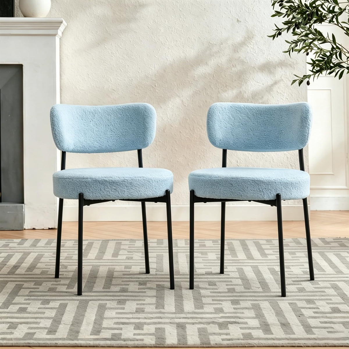 Blue Boucle Dining Chairs Set of 2, Mid Century Modern Dining Room Chair with Curved Backrest & Metal Legs, Round Upholstered Dining Chairs for Kitchen, Living Room