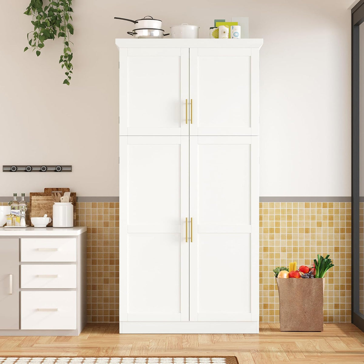 Freestanding Tall Kitchen Pantry Cabinet with 4 Doors and 2 Door Shelves,8 Pull-Out Trays and Adjustable Shelf,for Dining Room (White/F)