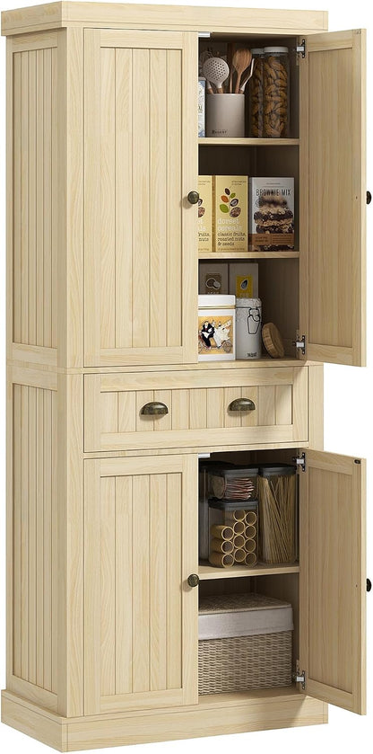 72" Farmhouse Kitchen Pantry Cabinet, Freestanding Tall Storage Cabinet with 4 Soft-Close Doors, 2 Adjustable Shelves and Drawer for Dining Room, Natural Wood