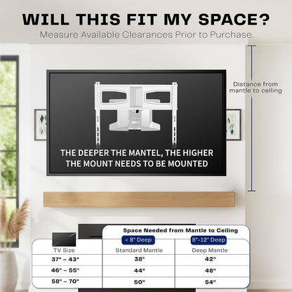 VIVO White Motorized TV Wall Mount for 37 to 70 in Screens, MOUNT-E-M070R-W | Height Adjustable, Above Fireplace, Electric Drop Down Mantel TV Mount with Remote Control, Holds 77 lbs