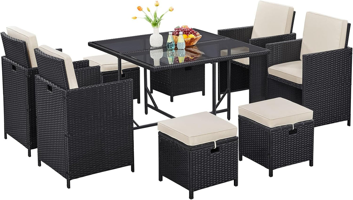 Yaheetech 9-Piece Patio Dining Sets, Outdoor Space Saving Rattan Chairs with Glass Table, Wicker Sectional Conversation Furniture Set with Removeable Cushions, Black/Beige