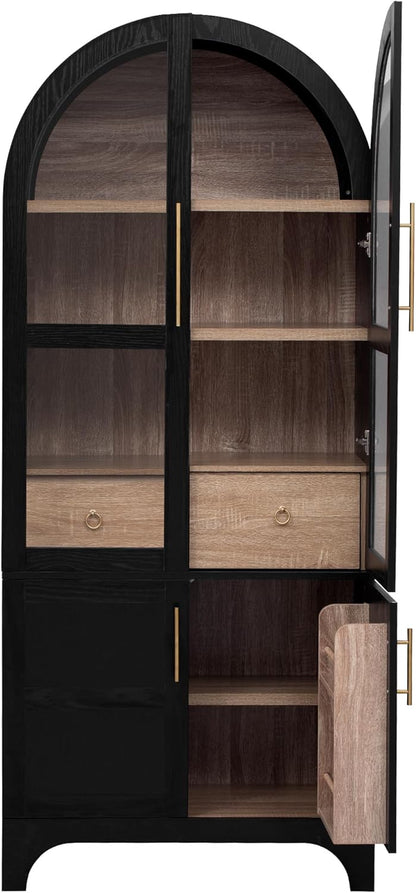 71" Tall Arched Kitchen Pantry Cabinet, Freestanding Kitchens Storage Cabinets with Hidden Drawers, Adjustable Shelves, & Glass Doors, Versatile Cupboard for Kitchen, Dining Room, Bathroom,Black