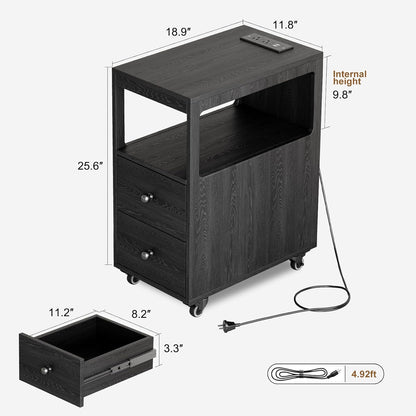 Narrow End Table with Charging Station and Wheels, Movable Narrow Sofa Side Table with USB Ports and Outlets for Small Space, Living Room, Bedroom and Office, Bedside with 4 Wheels (Black)