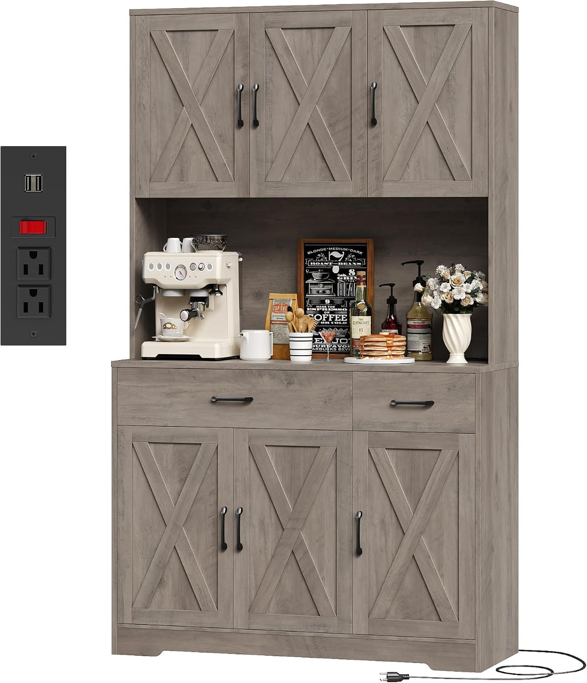 HOSTACK 71" H Kitchen Pantry Storage Cabinet, Farmhouse Hutch Cabinet, Grey | Space-Saving Pantry Cabinet with Charging Station & 2 Large Drawers & Adjustable Shelves, Tall Kitchen Hutch, Dining Room