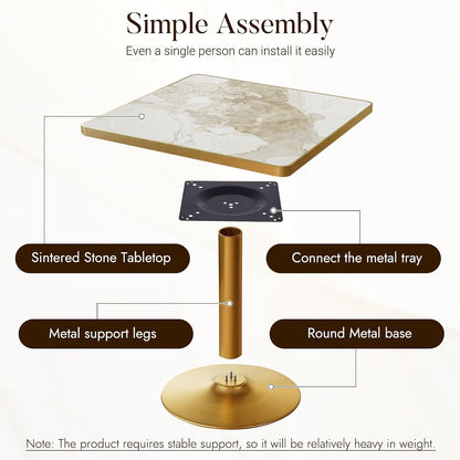 31.5" Square Dining Table, Square Restaurant Table with 1.2" Thick Sintered Stone Tabletop and Golden Metal Pedestal Base, Bistro Table for Diner, Bar, kitchen, Bakery, Apartment (Marble Patterns)