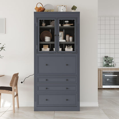 78" Tall Kitchen Pantry Cabinet, Freestanding Food Storage Pantry Cupboard with Power Outlet,3 Storage Compartments and Adjustable Shelves, Farmhouse Kitchen Hutch for Dining Room,Grey