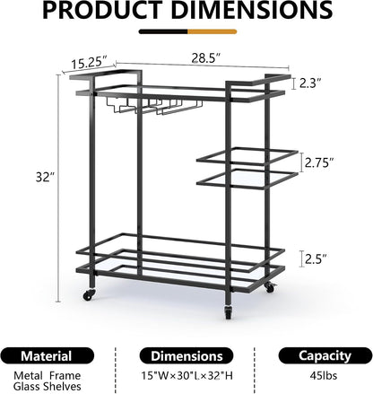 RiteSune Black Bar Carts for The Home, Wine Cart with Wheels | 3 Tier Home Serving Bar Cart Drink Cart with Mirror Shelves for Living Room, Party (28.5" D x 15" W x 32" H)