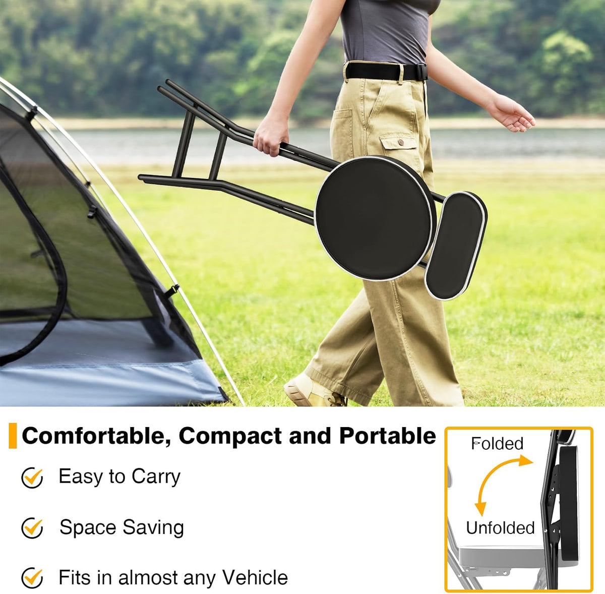 Folding Stool with Back Support, 24 Inch Portable Collapsible Bar Stool | with Padded Seat, Cushioned Foldable Chair for Kitchen, Camping, Adults & Indoor Outdoor Use