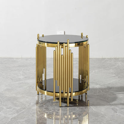 Gold Black End Table with Golden Stainless Steel Frame,Modern Glass Bedside Nightstand Table,Glass Cocktail Small Living Room Coffee Table
