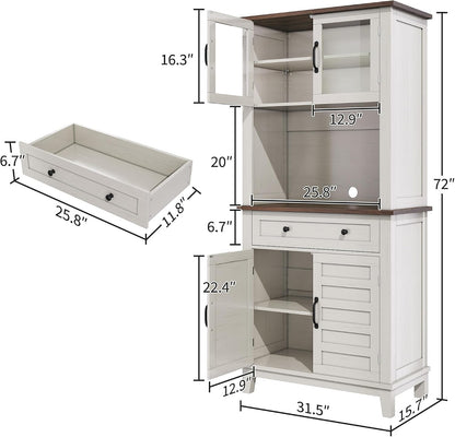 GAOMON Elegant 72" White Pantry Coffee Bar Cabinet – Tall Kitchen Storage with Adjustable Shelves, 4 Glass Doors & 1 Drawer – Multi-Functional Hutch for Dining Room & Kitchen, White