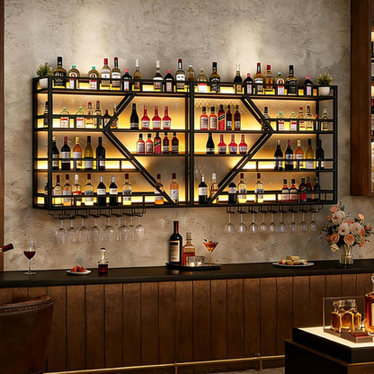 63in Large Wall Mounted Wine Rack, 4 Tier Metal Diamond Shaped Liquor Bottle Shelves Wine Glass Holder, Hanging Liquor Shelf Wall Mounted, for Home Bar Dining Room (4 Tiers Black, 63 * 7.87 * 48.5IN)